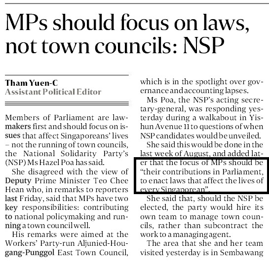 straits times 17 Aug 2015 MP should focus on law